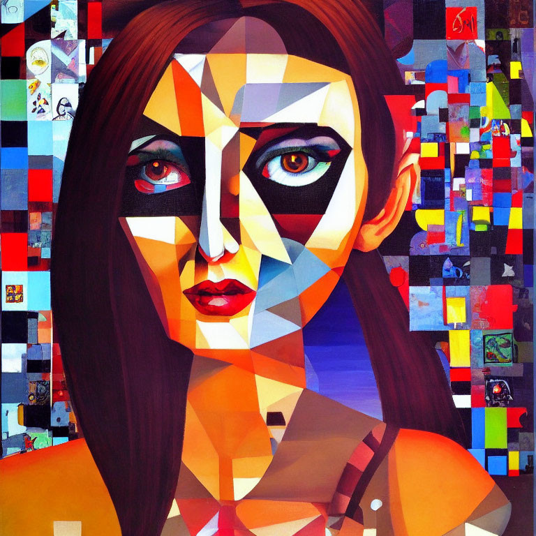 Vibrant cubist-style portrait of a woman with geometric patterned face