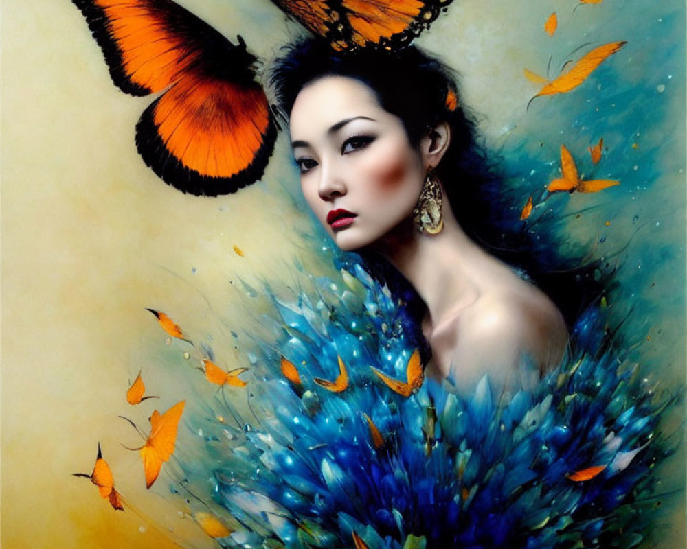 Woman adorned with peacock feather garment and butterflies, surreal beauty.