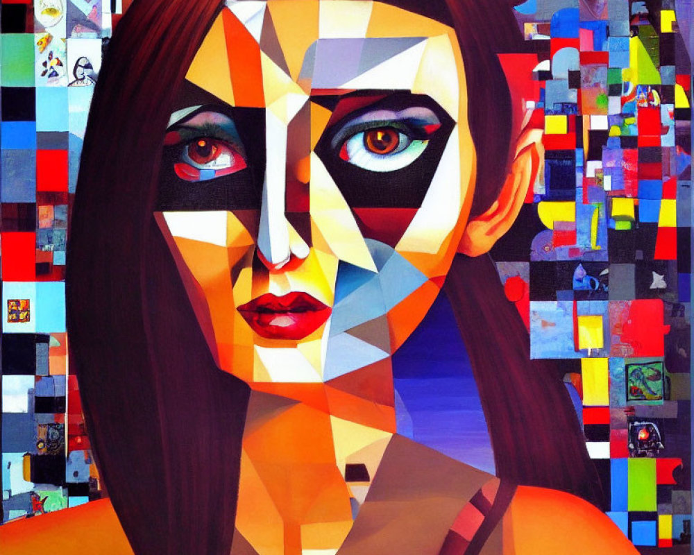 Vibrant cubist-style portrait of a woman with geometric patterned face