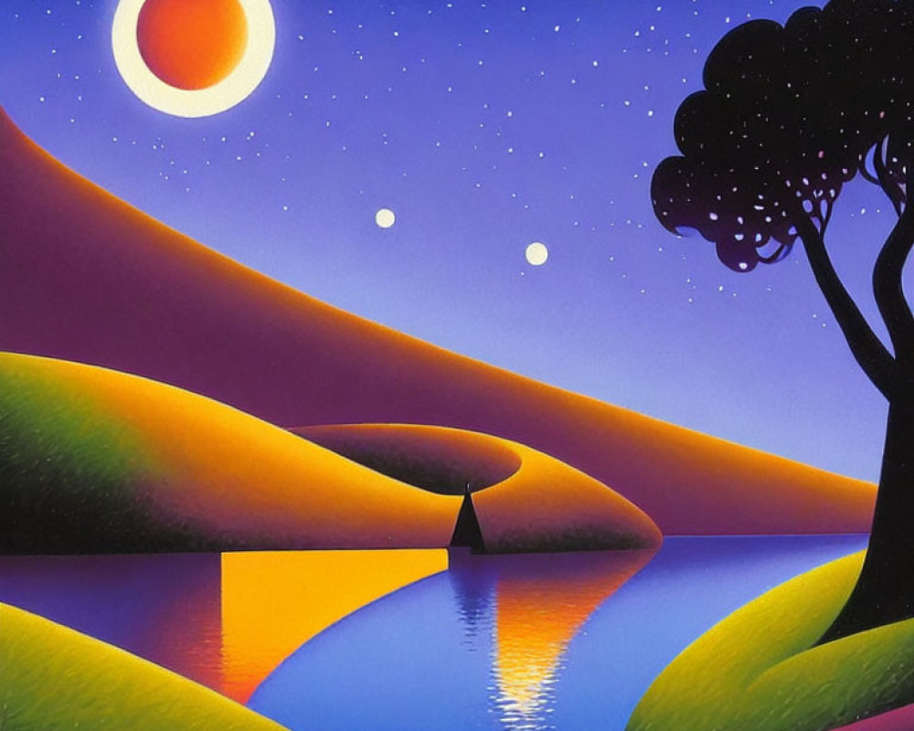 Vibrant landscape painting: rolling hills, river, sailboat, tree, night sky