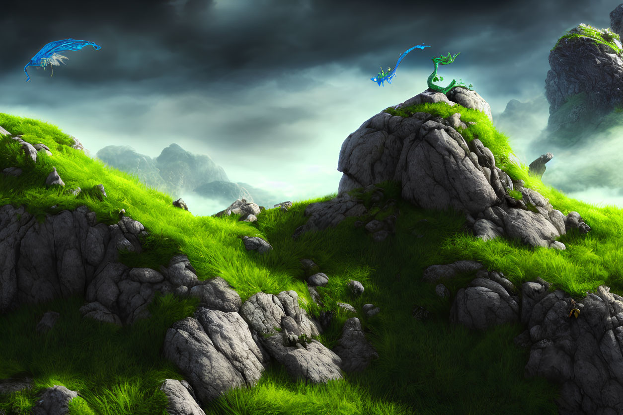 Fantasy landscape with green hills, rocky outcrops, and blue creatures