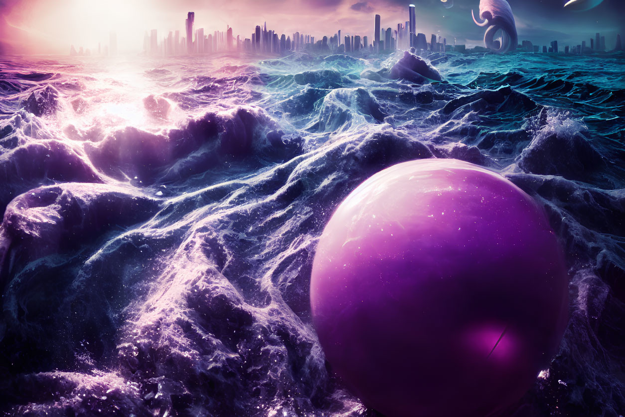 Futuristic city skyline with glowing orb and ocean waves