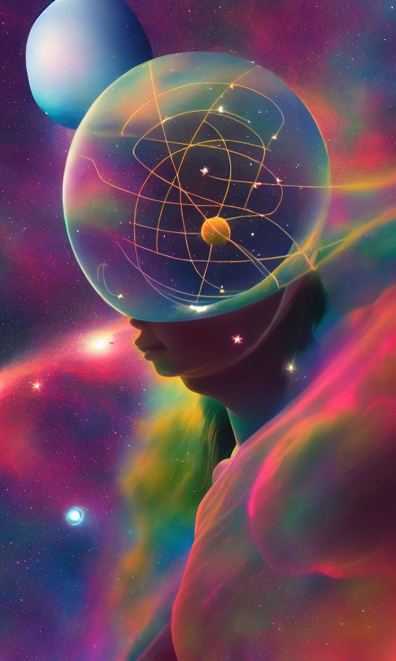 Vibrant cosmic illustration of person's silhouette with transparent head showing planetary orbits on nebula backdrop