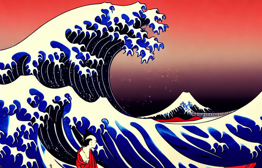 Stylized image of blue wave, red figure, and mountain silhouette