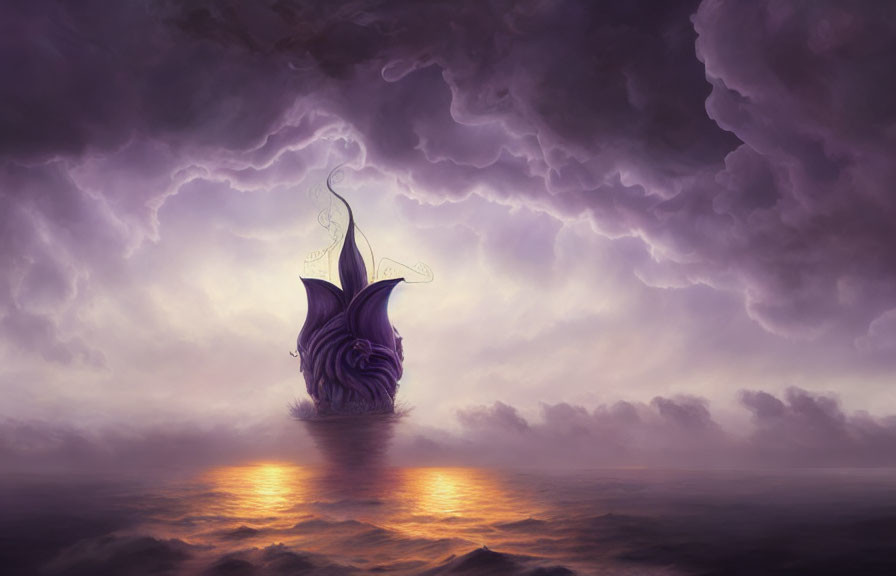 Mystical ship with elaborate sails on calm waters under dramatic purple cloudscape