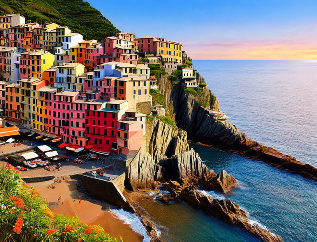 Vibrant cliffside buildings at sunset in Cinque Terre, Italy