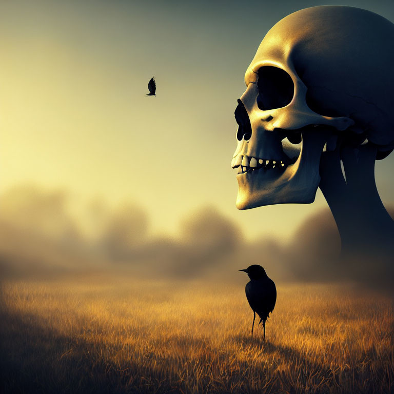 Giant skull in field at dusk with bird perched and flying in hazy atmosphere