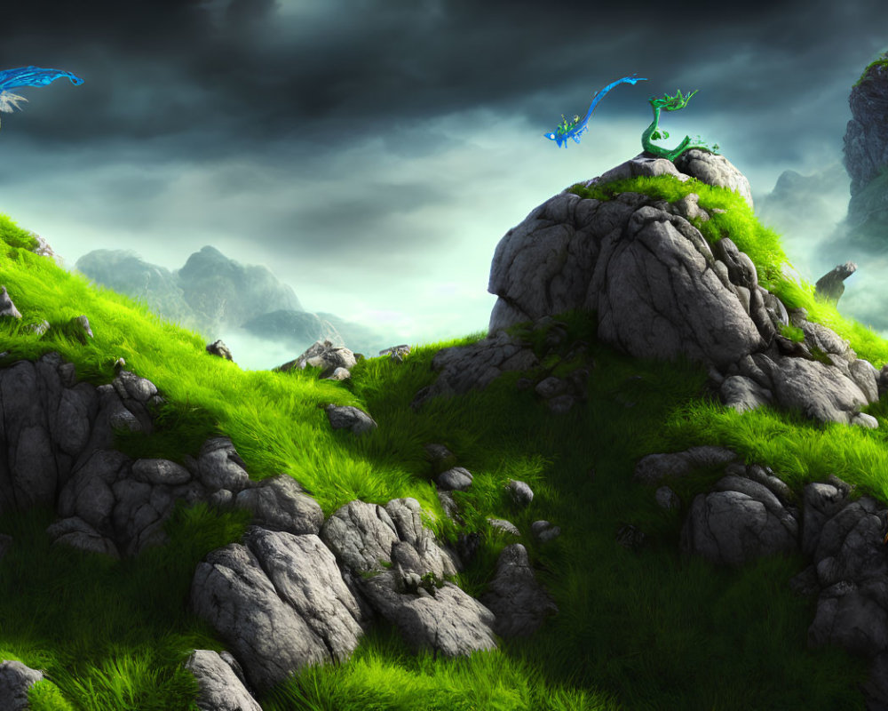 Fantasy landscape with green hills, rocky outcrops, and blue creatures