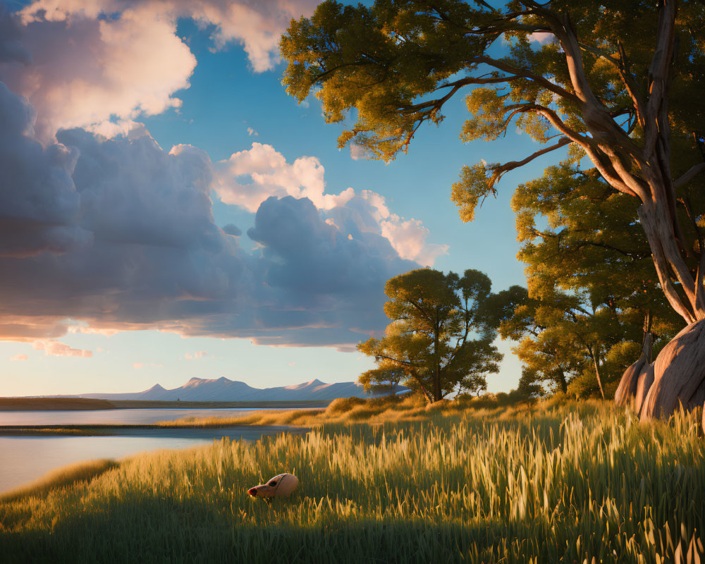 Tranquil sunset landscape with canoe, lake, trees, and mountains