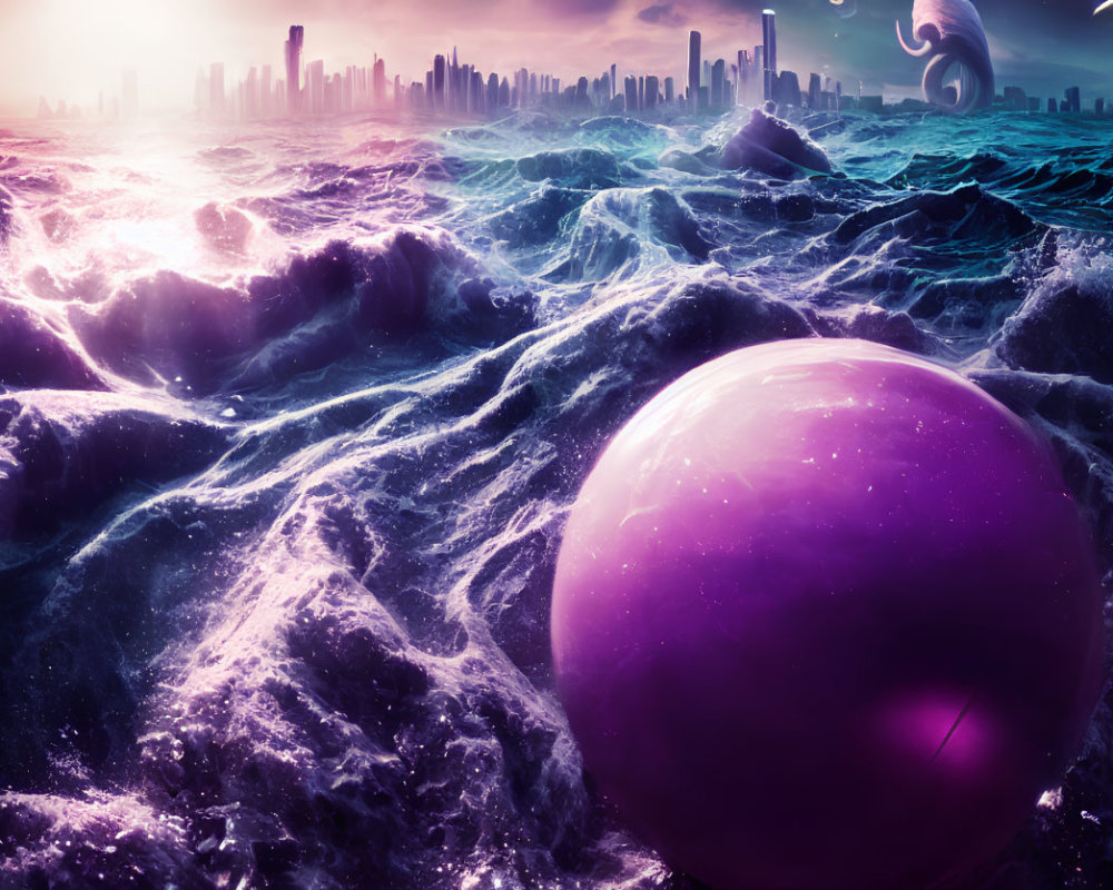 Futuristic city skyline with glowing orb and ocean waves