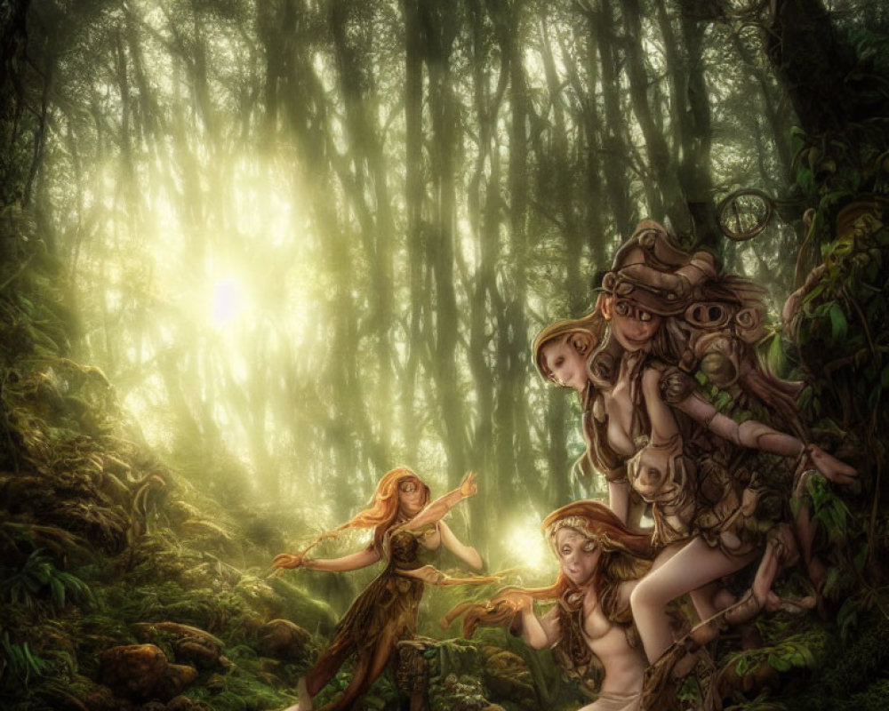 Enchanted forest fantasy scene with three elf-like characters