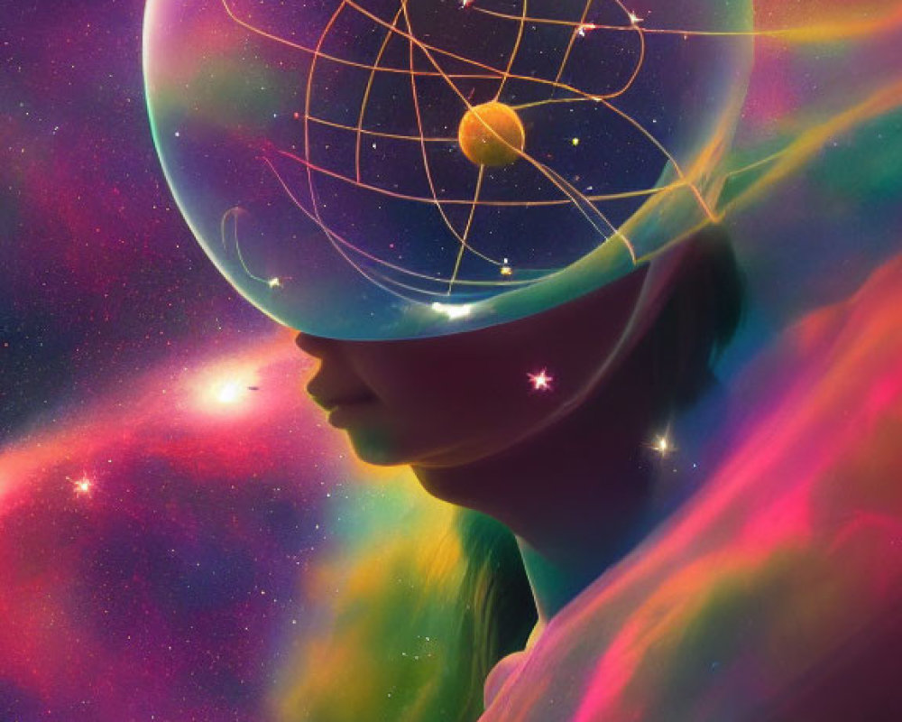 Vibrant cosmic illustration of person's silhouette with transparent head showing planetary orbits on nebula backdrop