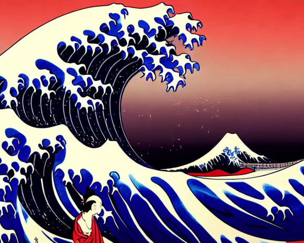 Stylized image of blue wave, red figure, and mountain silhouette