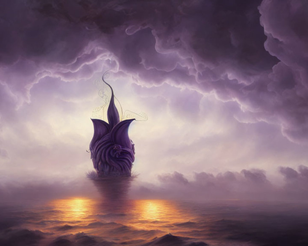 Mystical ship with elaborate sails on calm waters under dramatic purple cloudscape