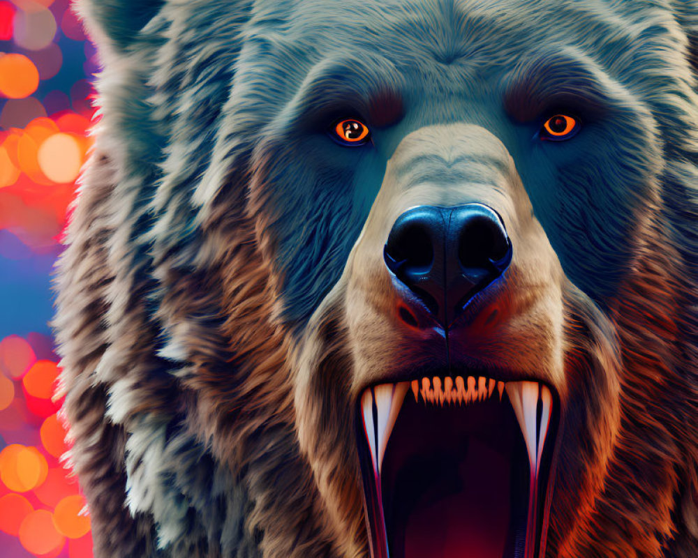 Intimidating bear with sharp teeth on colorful bokeh background