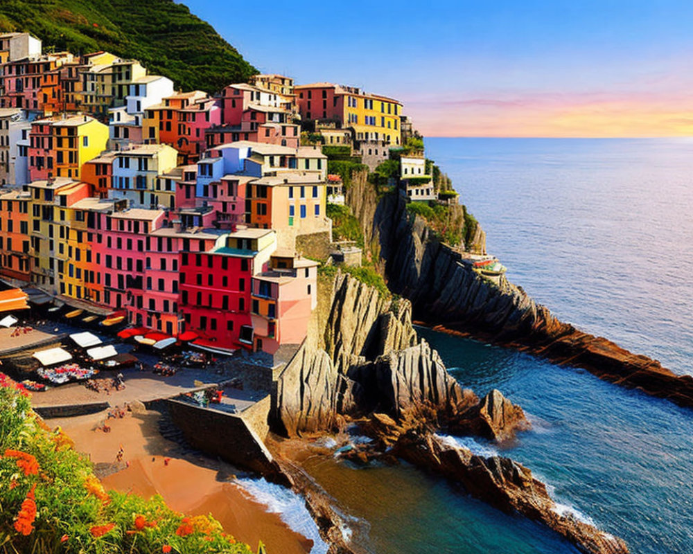 Vibrant cliffside buildings at sunset in Cinque Terre, Italy