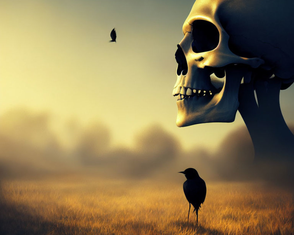 Giant skull in field at dusk with bird perched and flying in hazy atmosphere