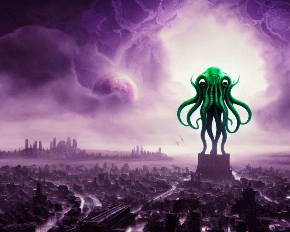 Glowing green octopus-like creature above dark cityscape