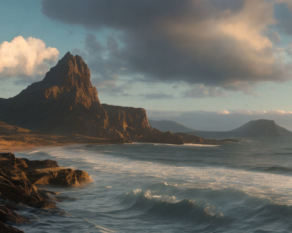 Dramatic coastal landscape at sunset with mountain peak and crashing waves