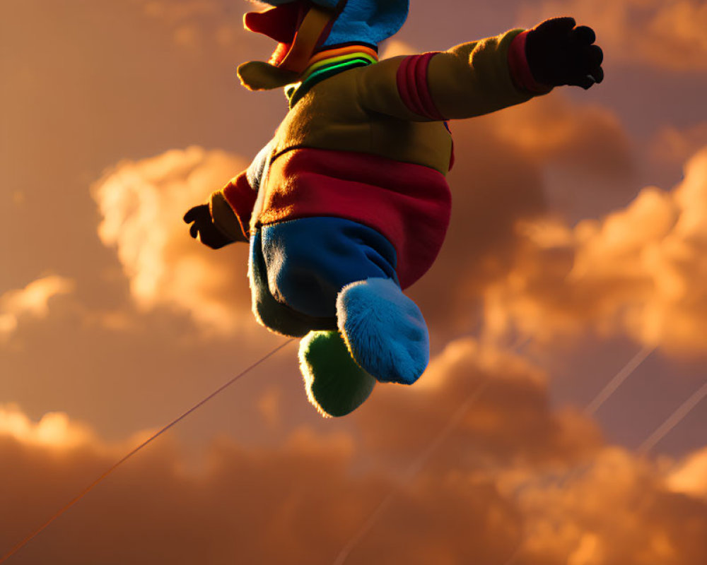 Colorful Cartoon Character Kite Flying in Sunset Sky