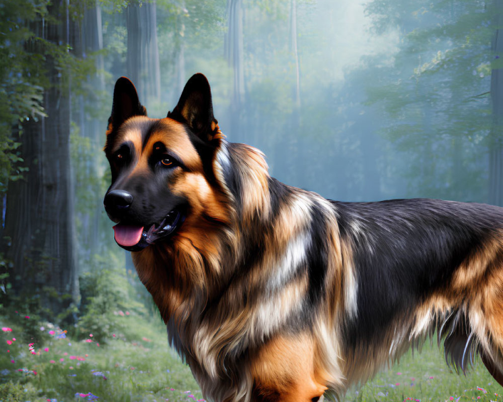 German Shepherd Dog in Sunlit Forest Clearing with Flowering Plants