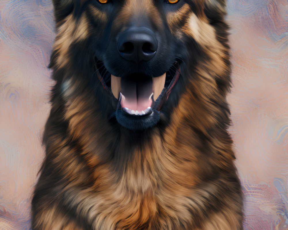 Smiling German Shepherd with Tan and Black Coat on Blue and Pink Background