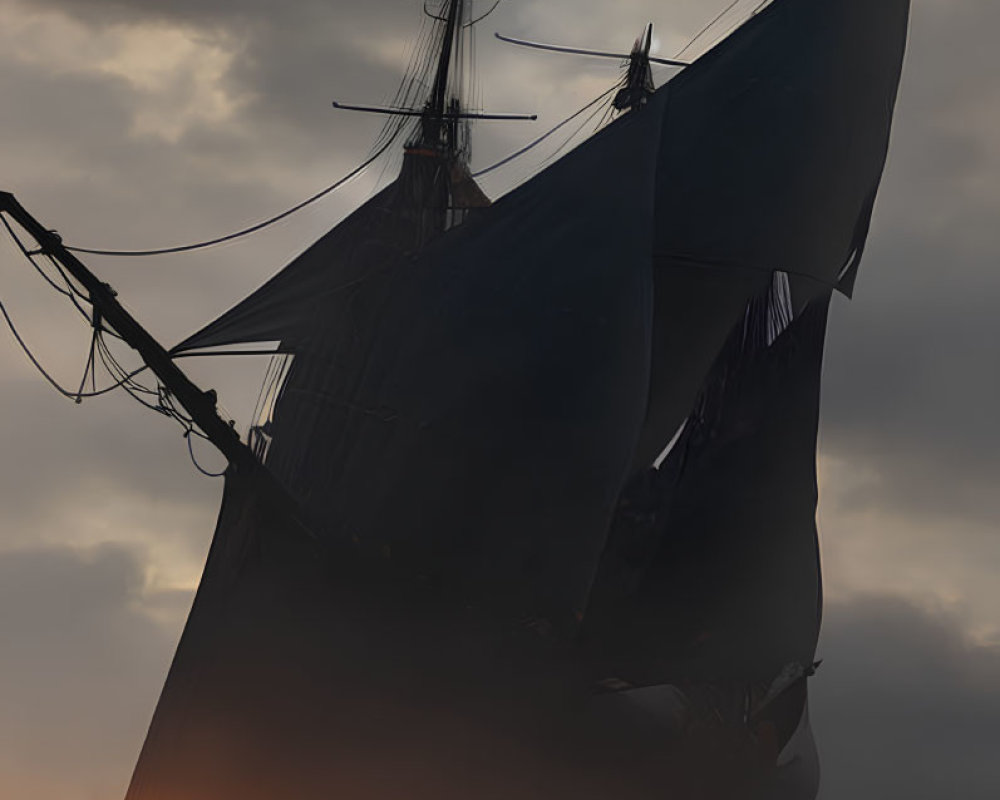 Silhouette of sailing ships at sunset with dramatic sky