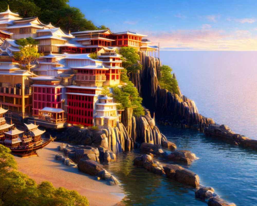 Tranquil digital art: Asian coastal village on cliffside by calm sea at sunrise/sunset