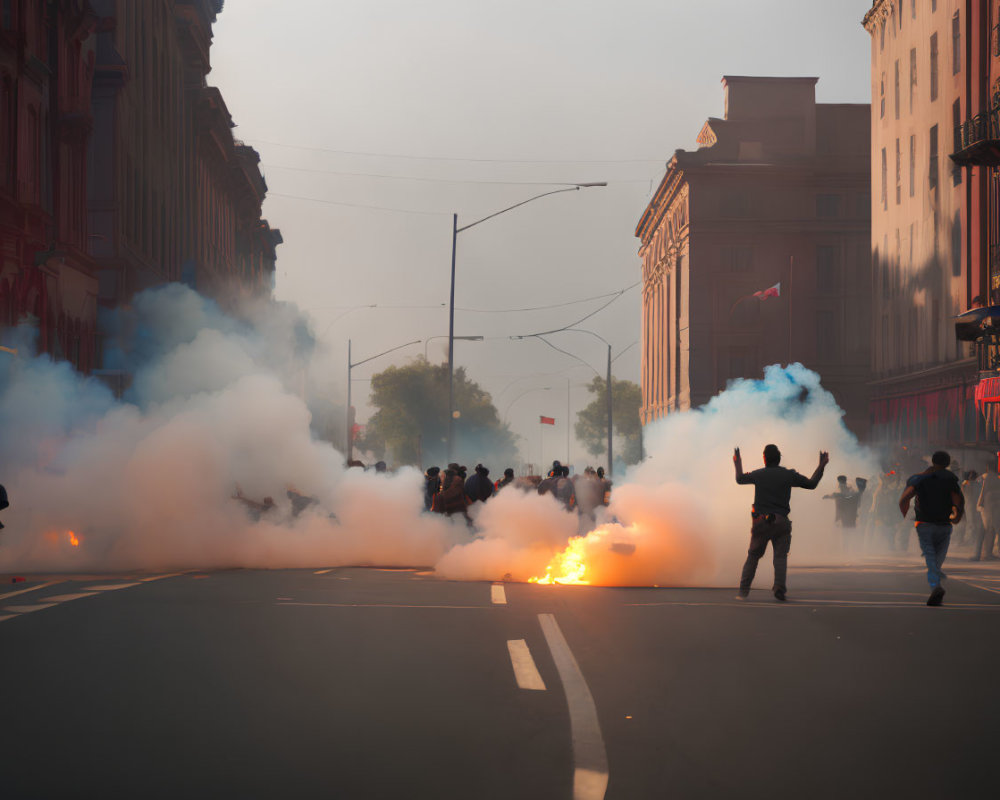 City Street Scene with People, Smoke Flares, and Protest Atmosphere