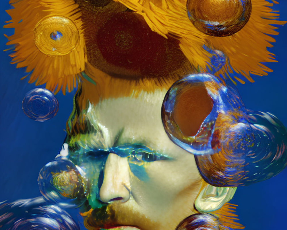 Artistic depiction of sunflower-headed figure with bubbles on blue background