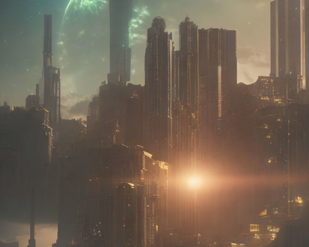 Futuristic cityscape at dusk with skyscrapers and planet in sky