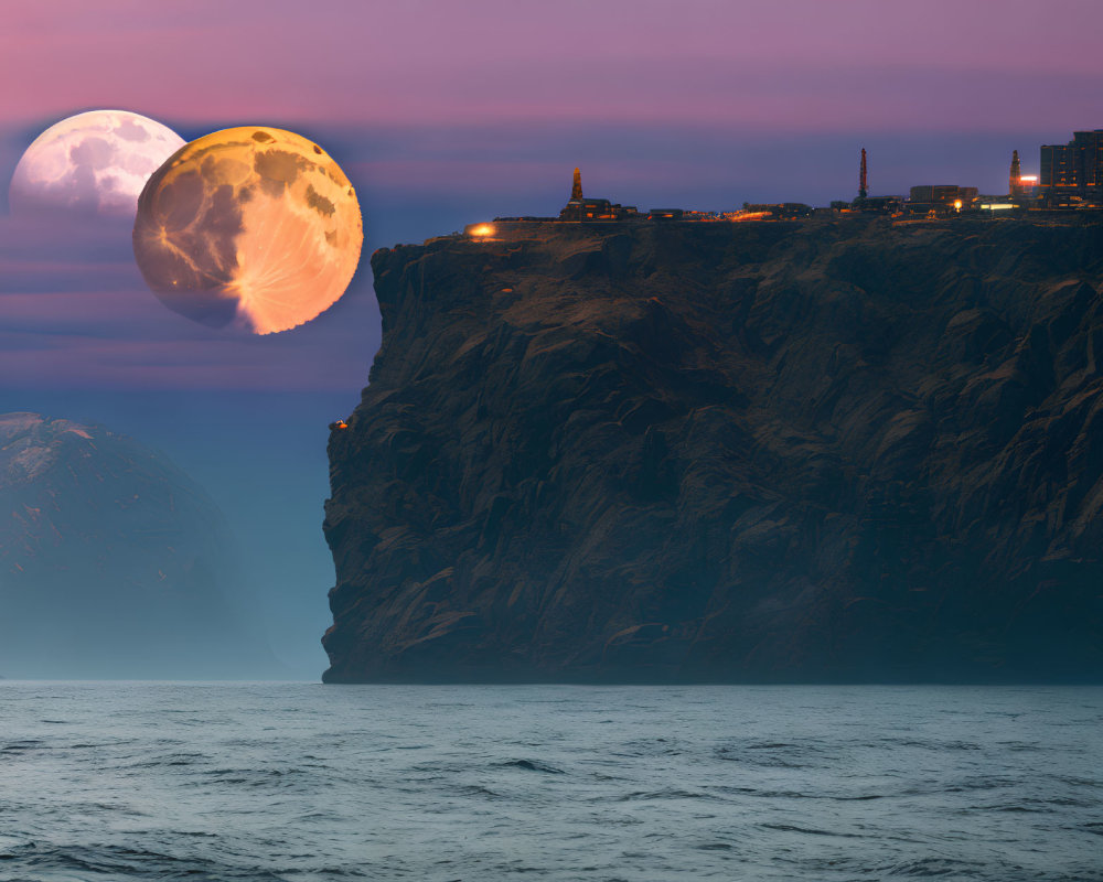 Supermoon over ocean with cliff and city lights at twilight