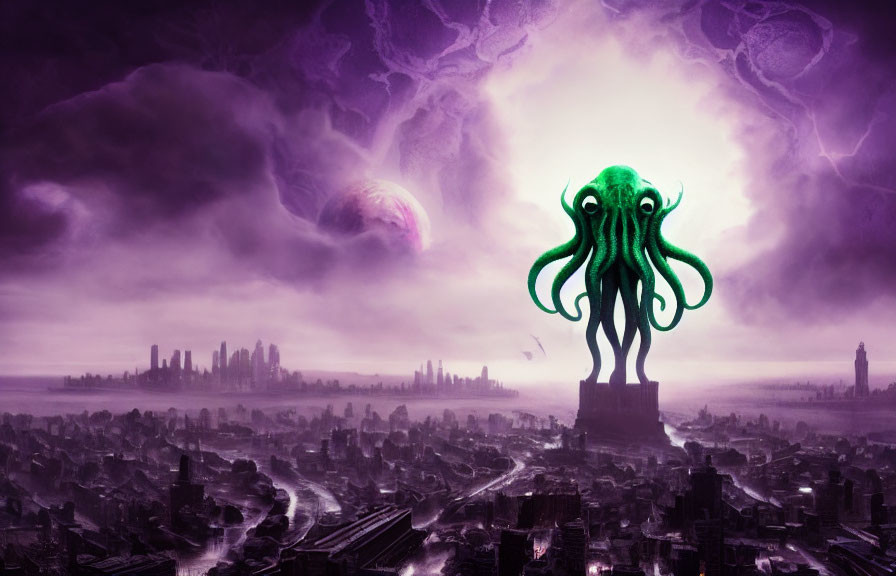 Glowing green octopus-like creature above dark cityscape