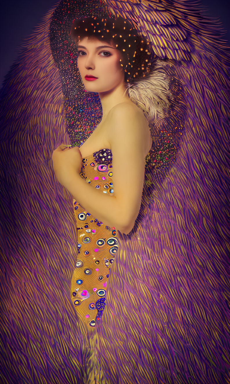 Digitally illustrated woman in vibrant feather-like texture with colorful patterns and ethereal halo.