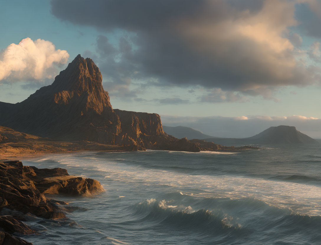 Dramatic coastal landscape at sunset with mountain peak and crashing waves