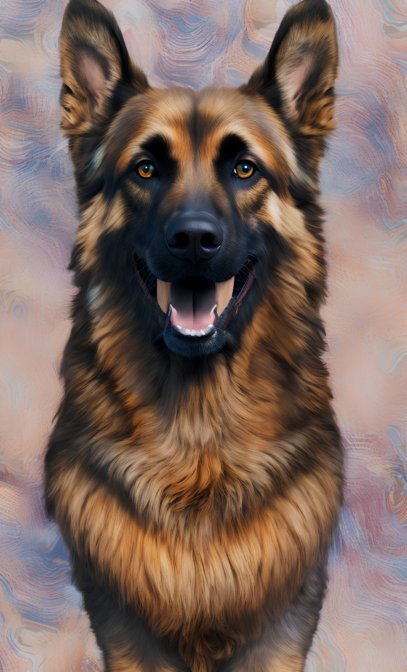 Smiling German Shepherd with Tan and Black Coat on Blue and Pink Background