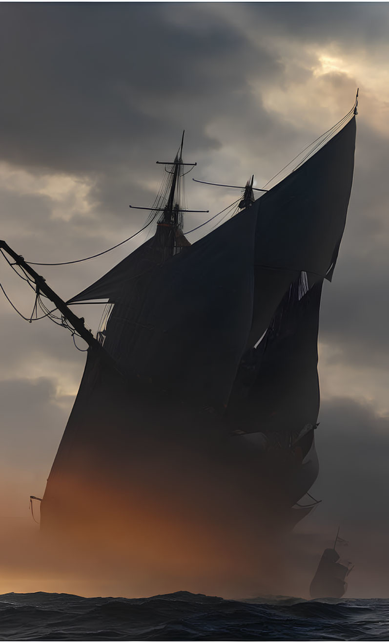 Silhouette of sailing ships at sunset with dramatic sky