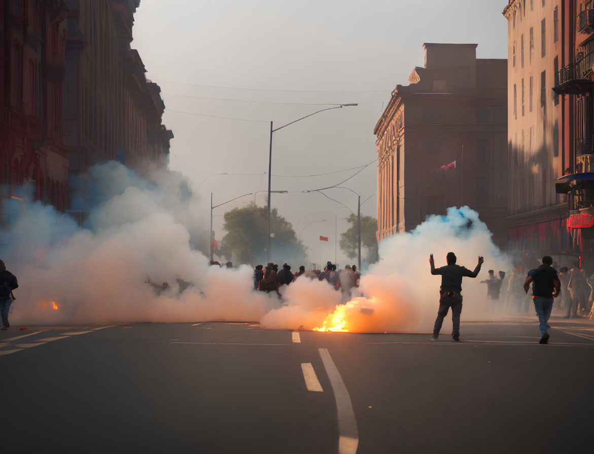 City Street Scene with People, Smoke Flares, and Protest Atmosphere