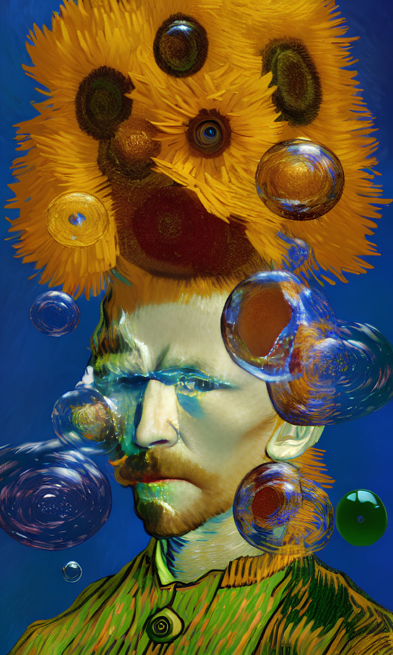 Artistic depiction of sunflower-headed figure with bubbles on blue background