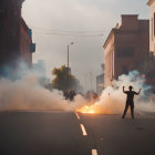 City Street Scene with People, Smoke Flares, and Protest Atmosphere