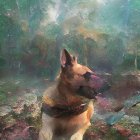 German Shepherd Dog in Sunlit Forest Clearing with Flowering Plants