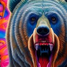 Intimidating bear with sharp teeth on colorful bokeh background