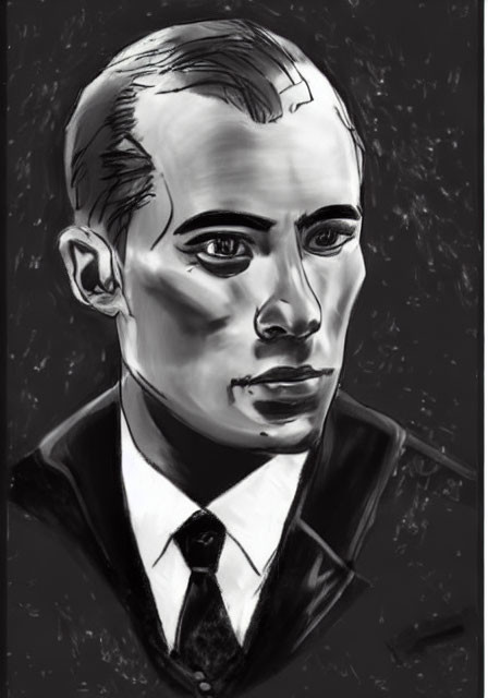 Monochromatic digital artwork of a man in dark suit with slicked-back hair