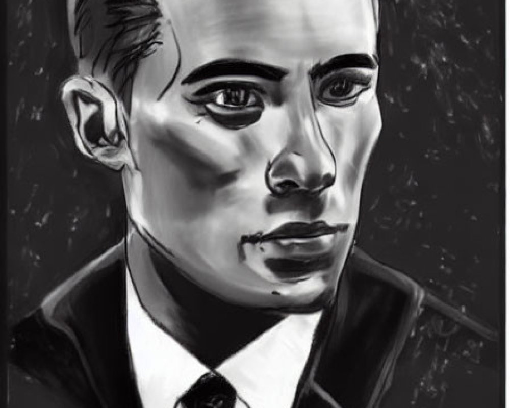 Monochromatic digital artwork of a man in dark suit with slicked-back hair