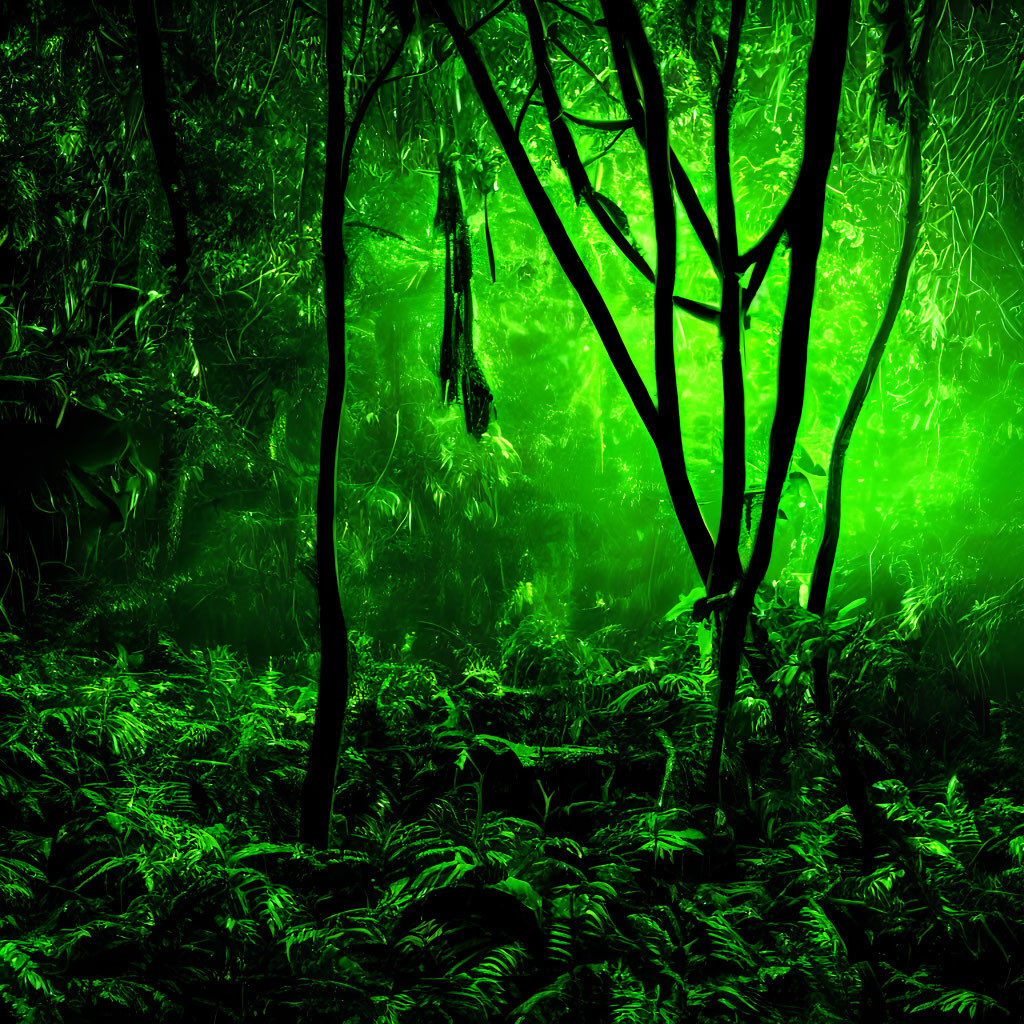 Enchanting green-lit forest with twisted trees and dense foliage