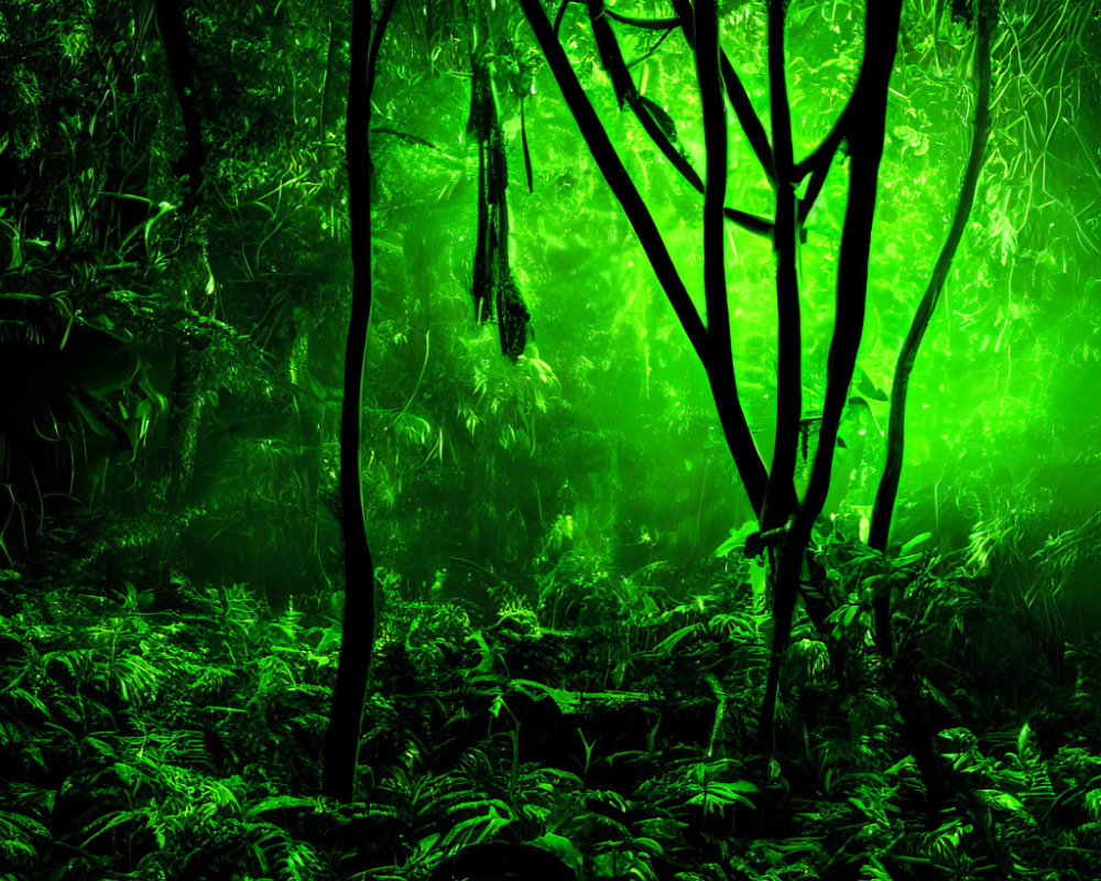 Enchanting green-lit forest with twisted trees and dense foliage