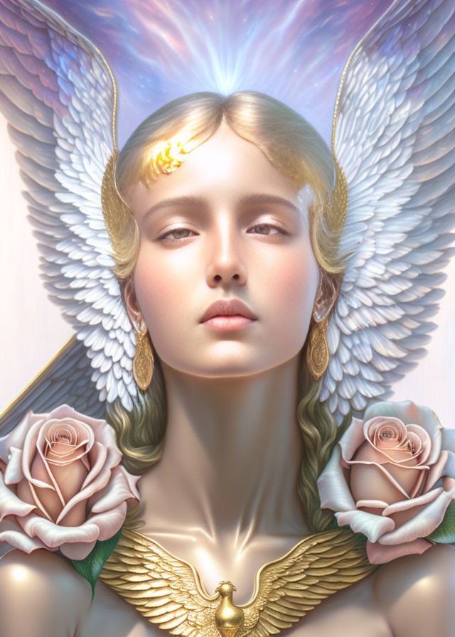 Serene angel with golden hair, white wings, and pink roses