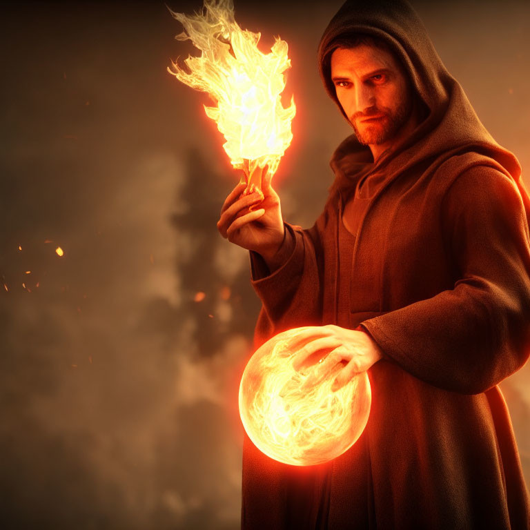 Hooded figure with glowing orb and fiery phoenix on dark background