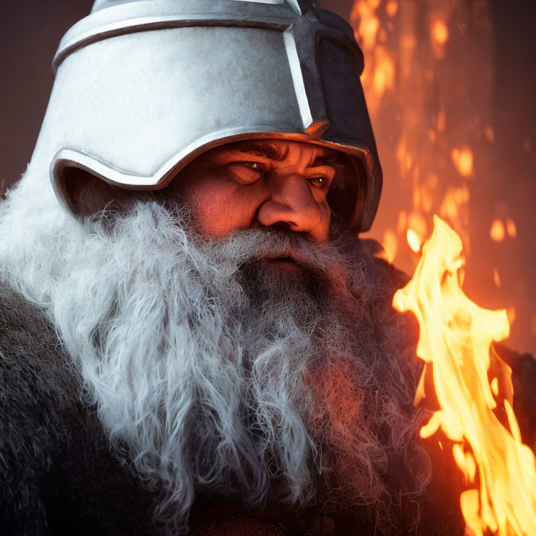 Bearded warrior in helmet with flaming torch and dramatic lighting