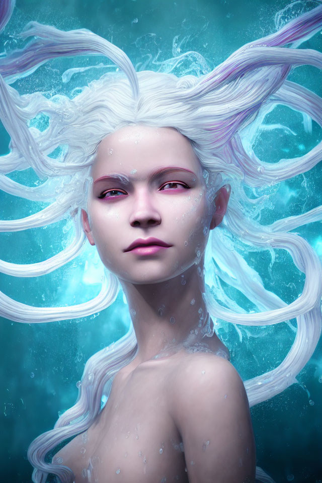 Pale-skinned mystical creature with white hair, red eyes, and bubbles in water